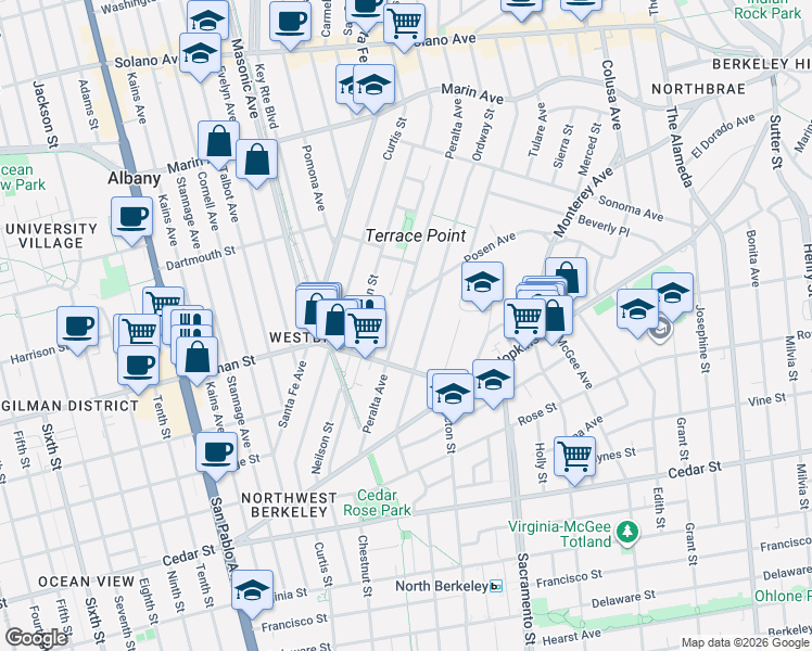 map of restaurants, bars, coffee shops, grocery stores, and more near 1202 Peralta Avenue in Berkeley