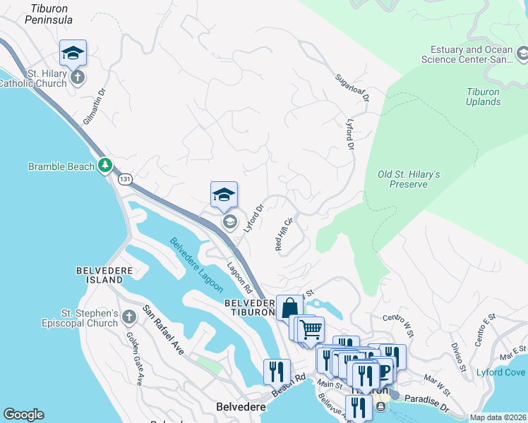 map of restaurants, bars, coffee shops, grocery stores, and more near 37 Lyford Drive in Tiburon