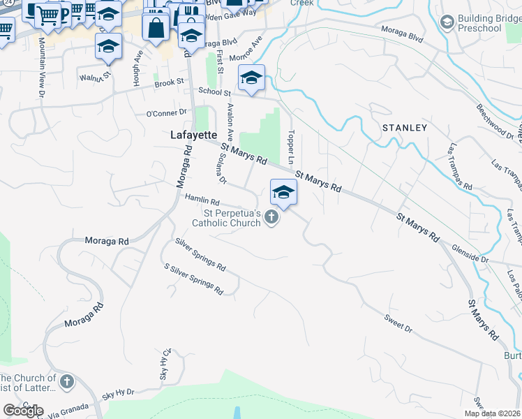 map of restaurants, bars, coffee shops, grocery stores, and more near 824 Solana Drive in Lafayette