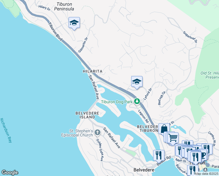 map of restaurants, bars, coffee shops, grocery stores, and more near 20 Lagoon Road in Belvedere Tiburon