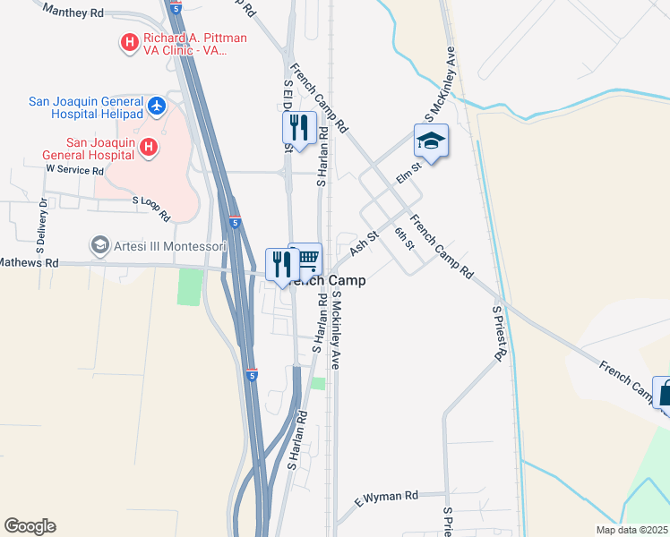 map of restaurants, bars, coffee shops, grocery stores, and more near 4555 South Mckinley Avenue in French Camp