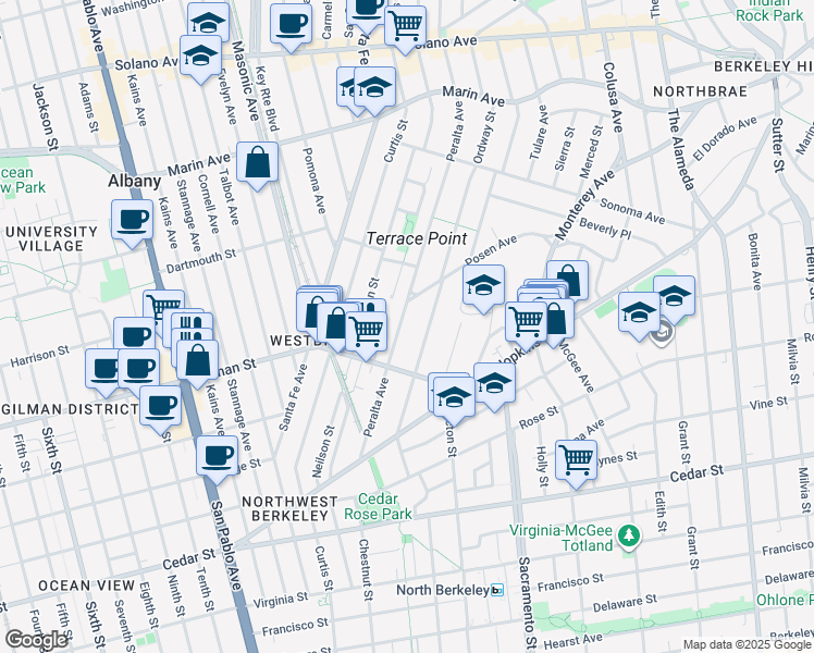 map of restaurants, bars, coffee shops, grocery stores, and more near 1205 Peralta Avenue in Berkeley