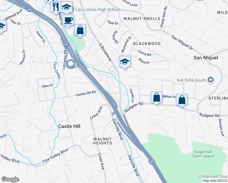 map of restaurants, bars, coffee shops, grocery stores, and more near 1336 Creekside Drive in Walnut Creek
