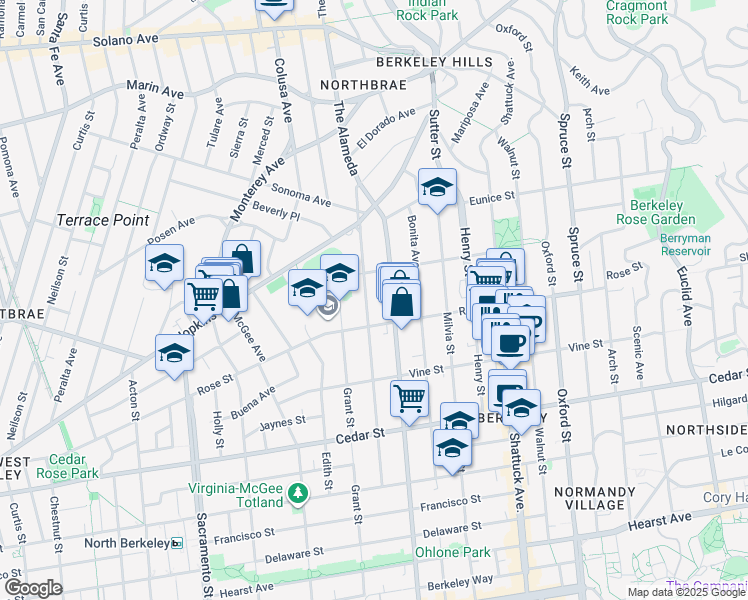 map of restaurants, bars, coffee shops, grocery stores, and more near 1312 Josephine Street in Berkeley