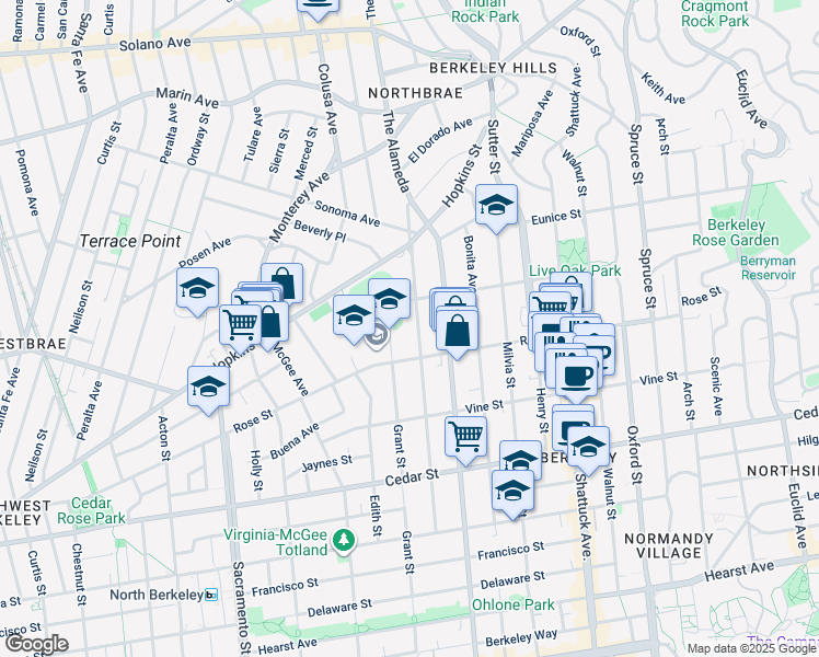 map of restaurants, bars, coffee shops, grocery stores, and more near 1312 Josephine Street in Berkeley