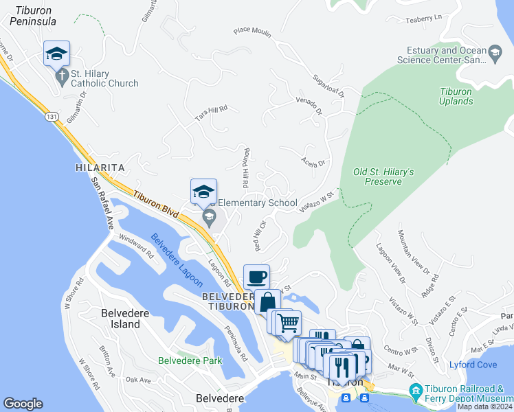 map of restaurants, bars, coffee shops, grocery stores, and more near 62 Lyford Drive in Tiburon