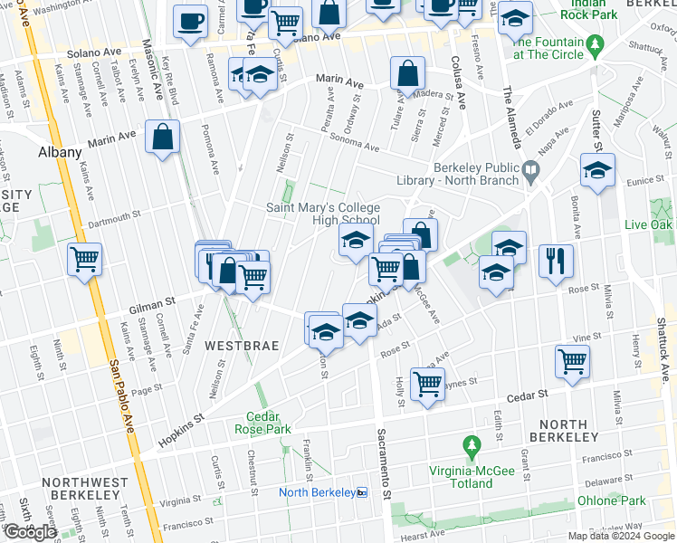 map of restaurants, bars, coffee shops, grocery stores, and more near 1301 Acton Street in Berkeley