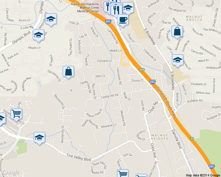 map of restaurants, bars, coffee shops, grocery stores, and more near 1786 Castle Hill Road in Walnut Creek