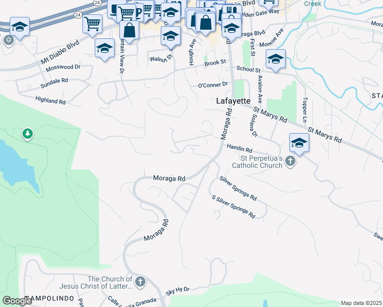 map of restaurants, bars, coffee shops, grocery stores, and more near 3555 Old Mountain View Drive in Lafayette