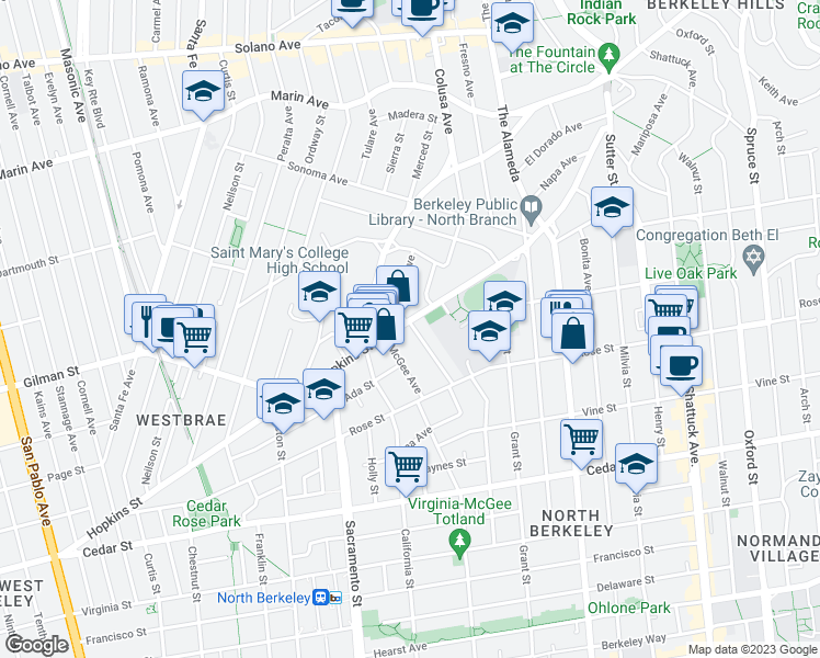 map of restaurants, bars, coffee shops, grocery stores, and more near 1626 Hopkins Street in Berkeley
