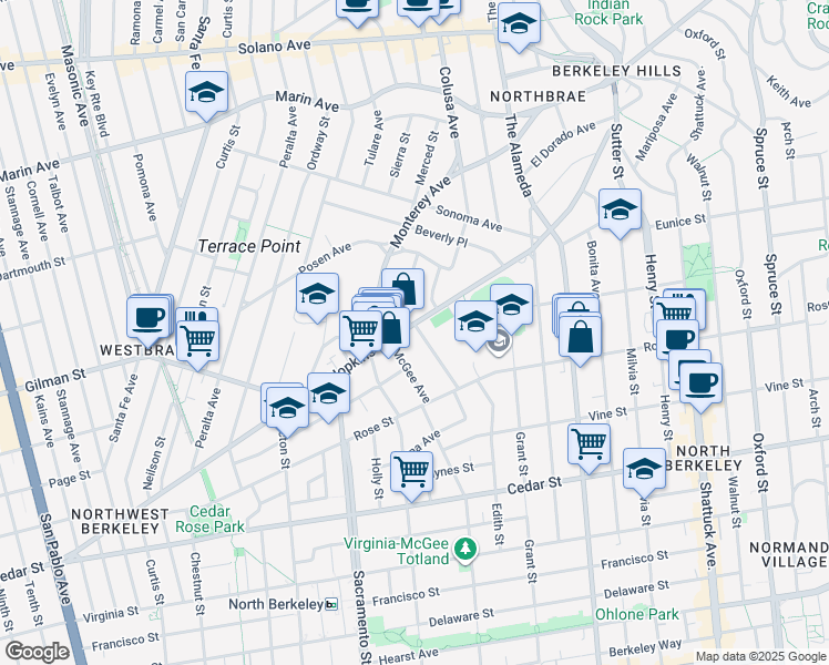 map of restaurants, bars, coffee shops, grocery stores, and more near 1626 Hopkins Street in Berkeley