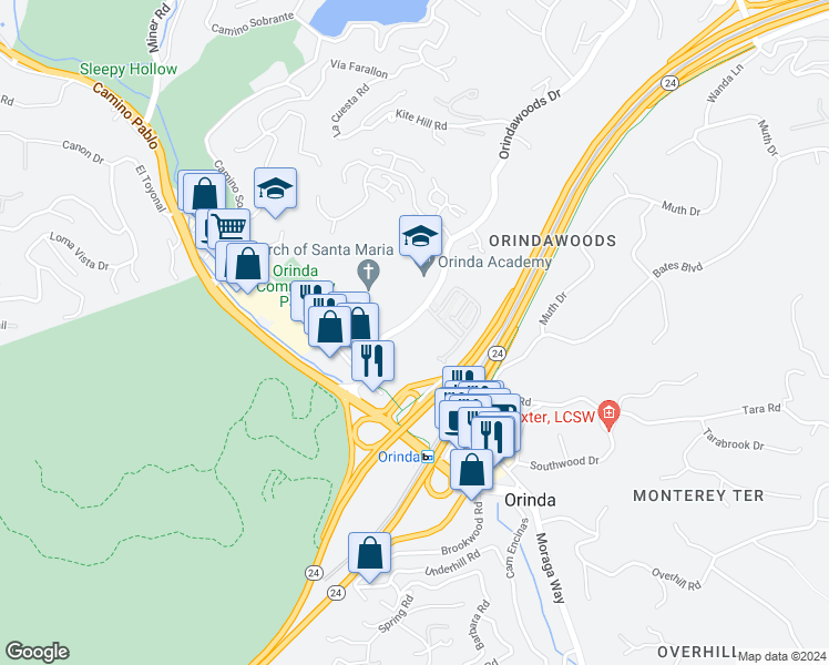 map of restaurants, bars, coffee shops, grocery stores, and more near 8 Altarinda Road in Orinda