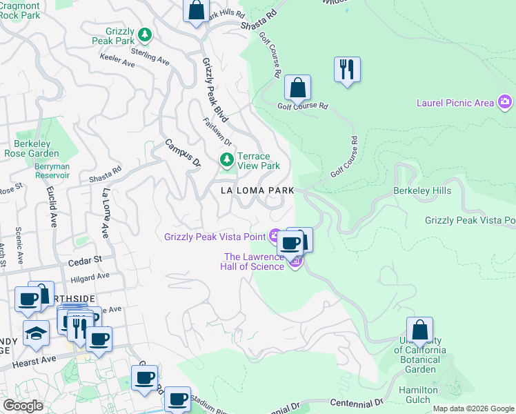 map of restaurants, bars, coffee shops, grocery stores, and more near 1484 Grizzly Peak Boulevard in Berkeley