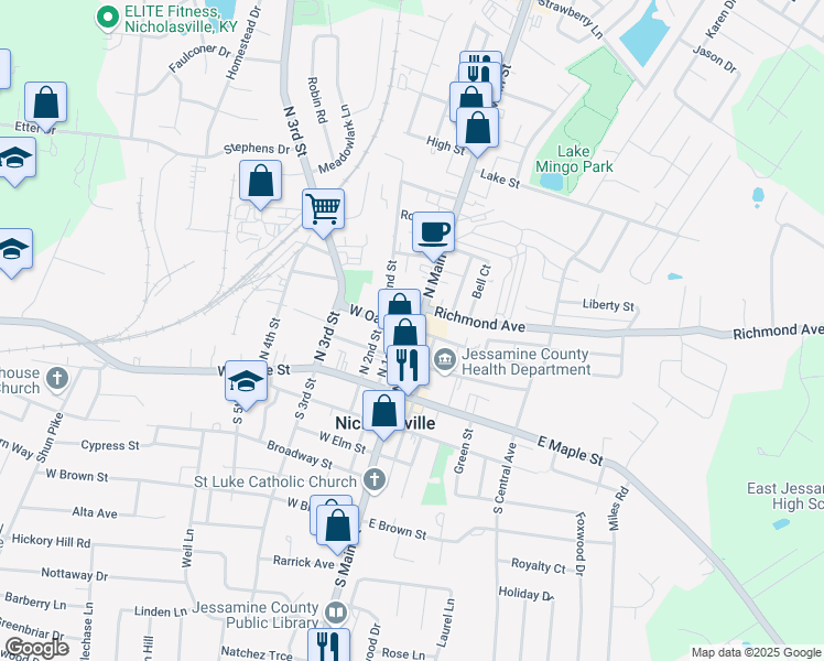 map of restaurants, bars, coffee shops, grocery stores, and more near Kentucky 169 in Nicholasville
