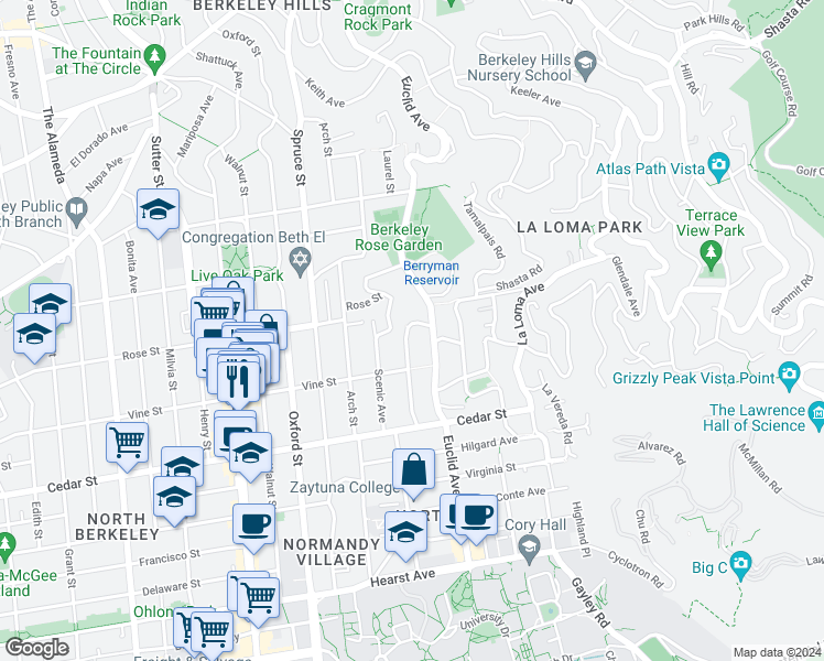 map of restaurants, bars, coffee shops, grocery stores, and more near 1400 Hawthorne Terrace in Berkeley