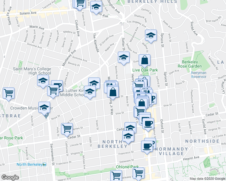 map of restaurants, bars, coffee shops, grocery stores, and more near 1315 Martin Luther King Junior Way in Berkeley