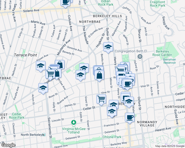 map of restaurants, bars, coffee shops, grocery stores, and more near 1312 Josephine Street in Berkeley