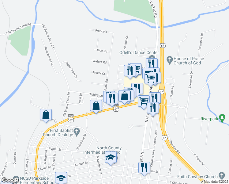 map of restaurants, bars, coffee shops, grocery stores, and more near 99 Jennifer Street in Bonne Terre