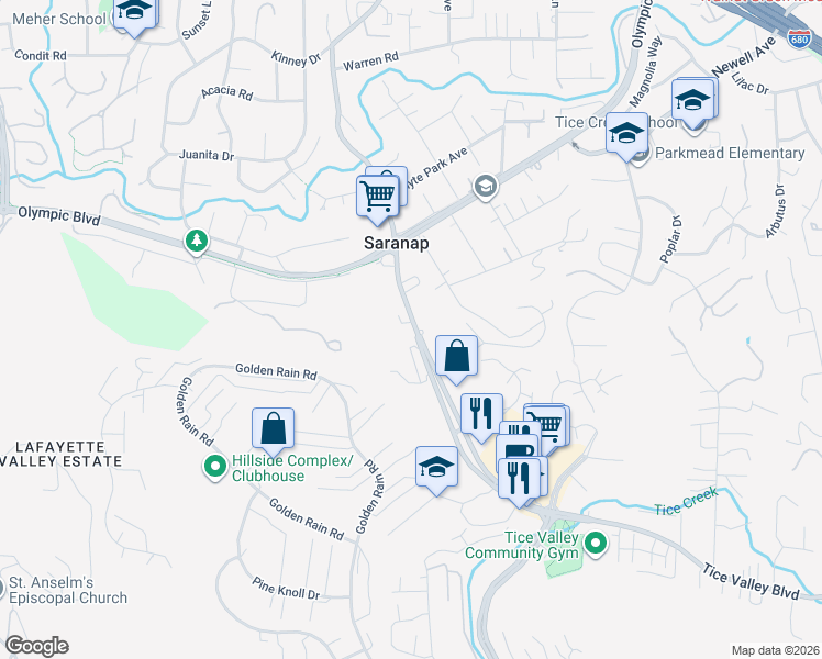 map of restaurants, bars, coffee shops, grocery stores, and more near 1699 Tice Valley Boulevard in Walnut Creek