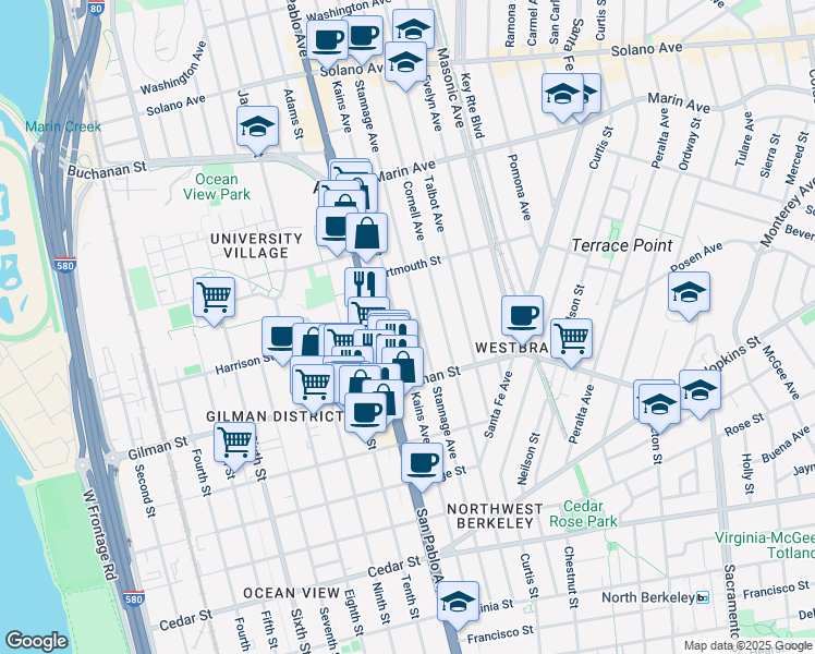 map of restaurants, bars, coffee shops, grocery stores, and more near 1116 Harrison Street in Berkeley