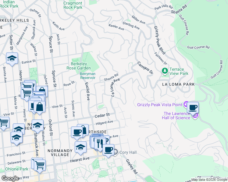 map of restaurants, bars, coffee shops, grocery stores, and more near 5 Maybeck Twin Drive in Berkeley