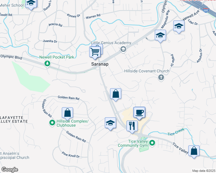 map of restaurants, bars, coffee shops, grocery stores, and more near 1700 Tice Valley Boulevard in Walnut Creek
