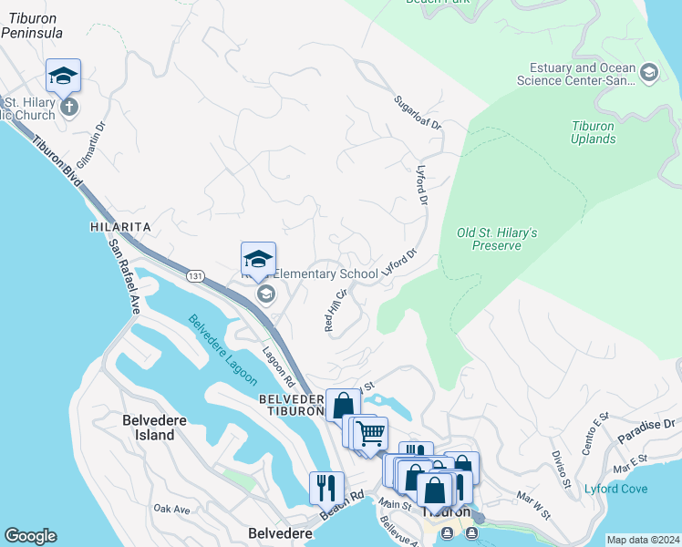 map of restaurants, bars, coffee shops, grocery stores, and more near 62 Lyford Drive in Tiburon
