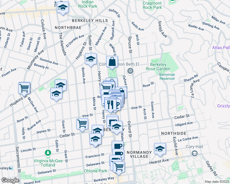 map of restaurants, bars, coffee shops, grocery stores, and more near 2113 Rose Street in Berkeley