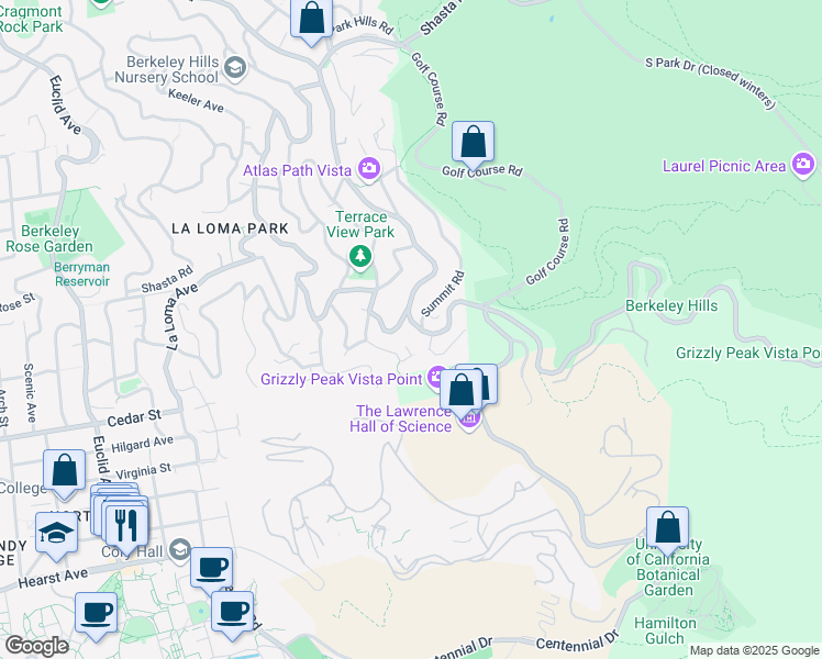 map of restaurants, bars, coffee shops, grocery stores, and more near 1484 Grizzly Peak Boulevard in Berkeley