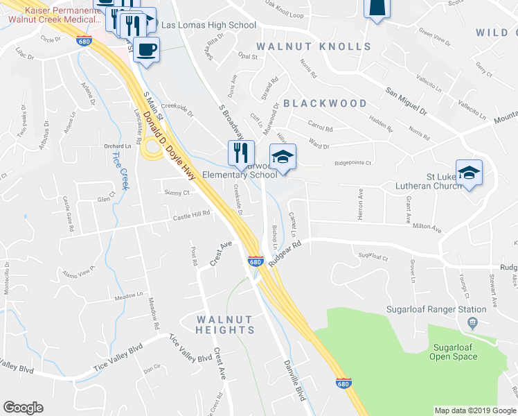 map of restaurants, bars, coffee shops, grocery stores, and more near 74 Bishop Lane in Walnut Creek