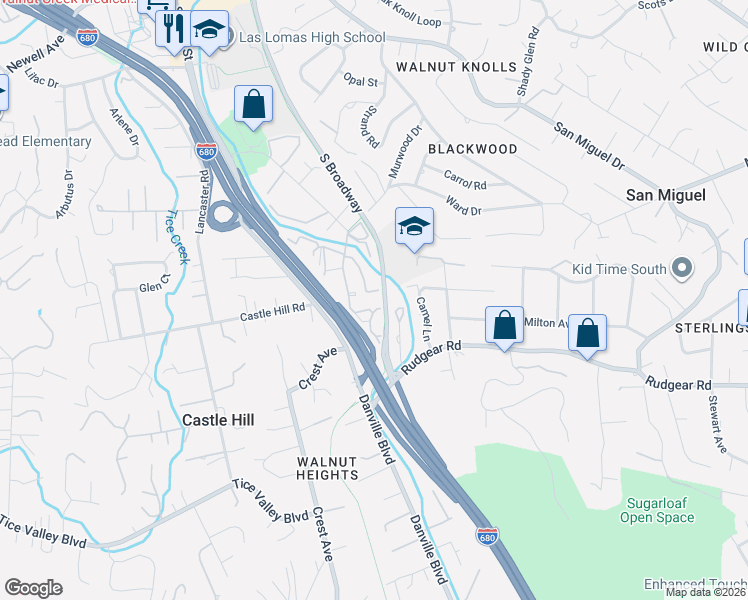 map of restaurants, bars, coffee shops, grocery stores, and more near 74 Bishop Lane in Walnut Creek