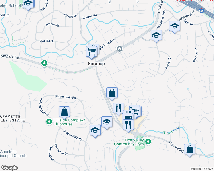 map of restaurants, bars, coffee shops, grocery stores, and more near 1700 Tice Valley Boulevard in Walnut Creek
