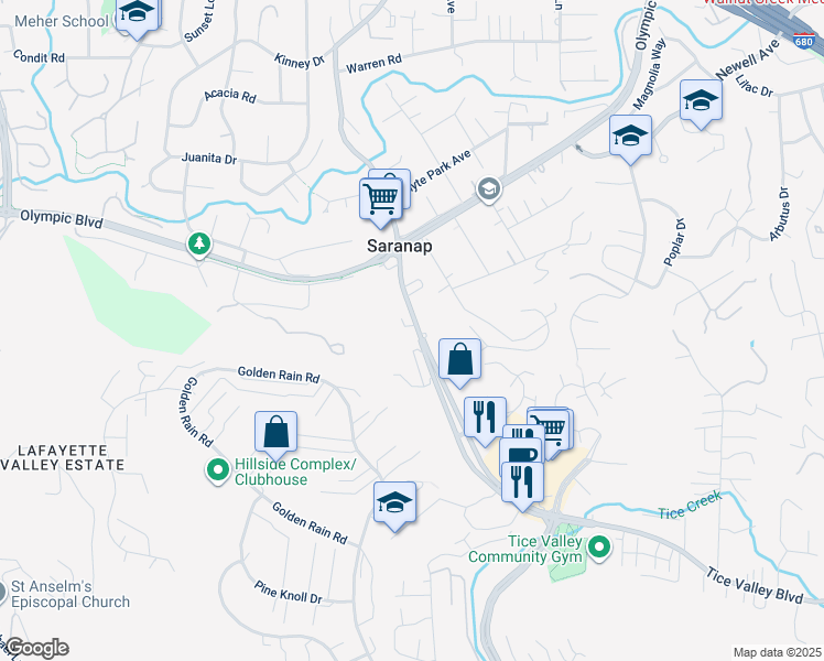 map of restaurants, bars, coffee shops, grocery stores, and more near 1695 Tice Valley Boulevard in Walnut Creek