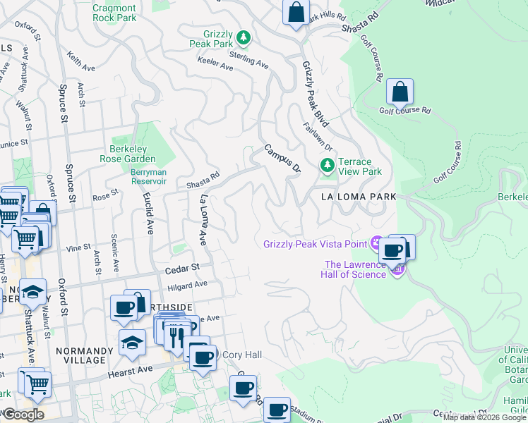 map of restaurants, bars, coffee shops, grocery stores, and more near 22 Parnassus Road in Berkeley