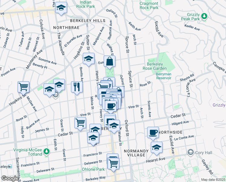 map of restaurants, bars, coffee shops, grocery stores, and more near in Berkeley