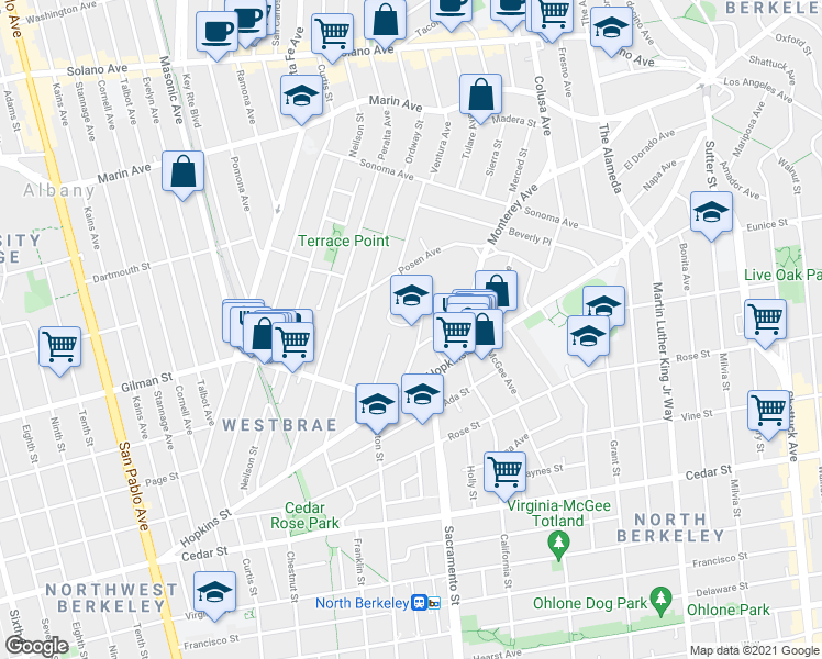 map of restaurants, bars, coffee shops, grocery stores, and more near 1301 Acton Street in Berkeley