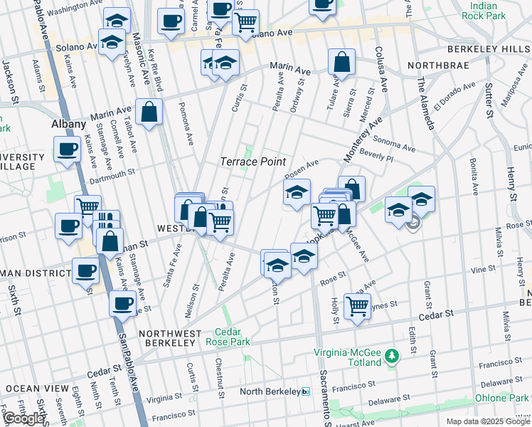 map of restaurants, bars, coffee shops, grocery stores, and more near 1193 Ordway Street in Berkeley