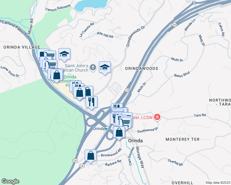 map of restaurants, bars, coffee shops, grocery stores, and more near 28 Quince Terrace in Orinda