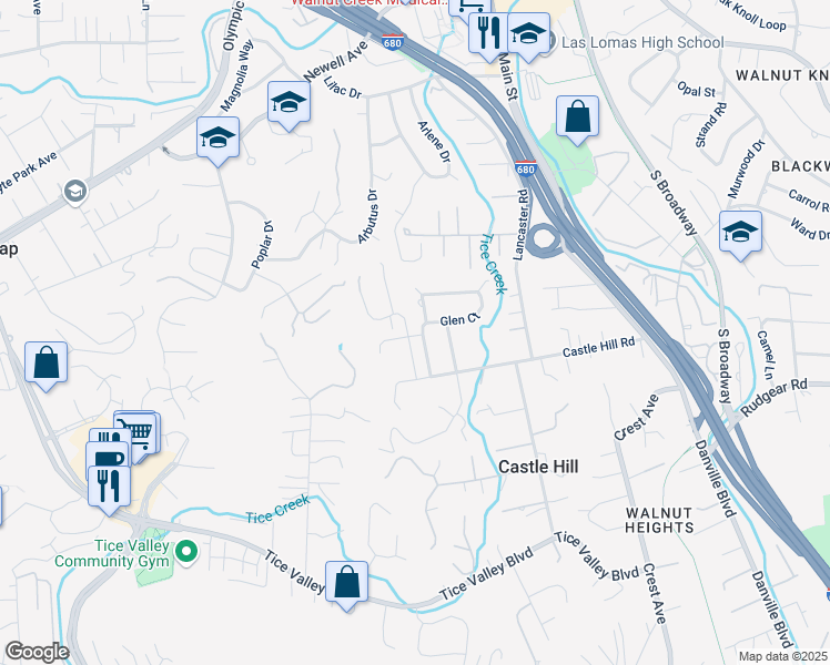 map of restaurants, bars, coffee shops, grocery stores, and more near 1850 Glen View Drive in Walnut Creek
