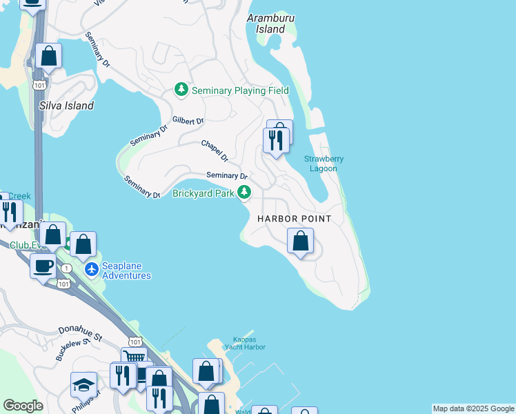 map of restaurants, bars, coffee shops, grocery stores, and more near 12 Great Circle Drive in Mill Valley