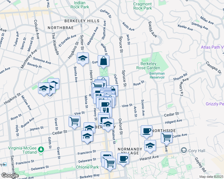 map of restaurants, bars, coffee shops, grocery stores, and more near 2137 Rose Street in Berkeley