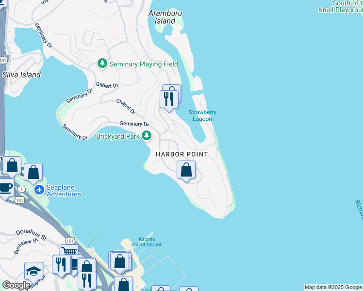 map of restaurants, bars, coffee shops, grocery stores, and more near 172 Great Circle Drive in Mill Valley
