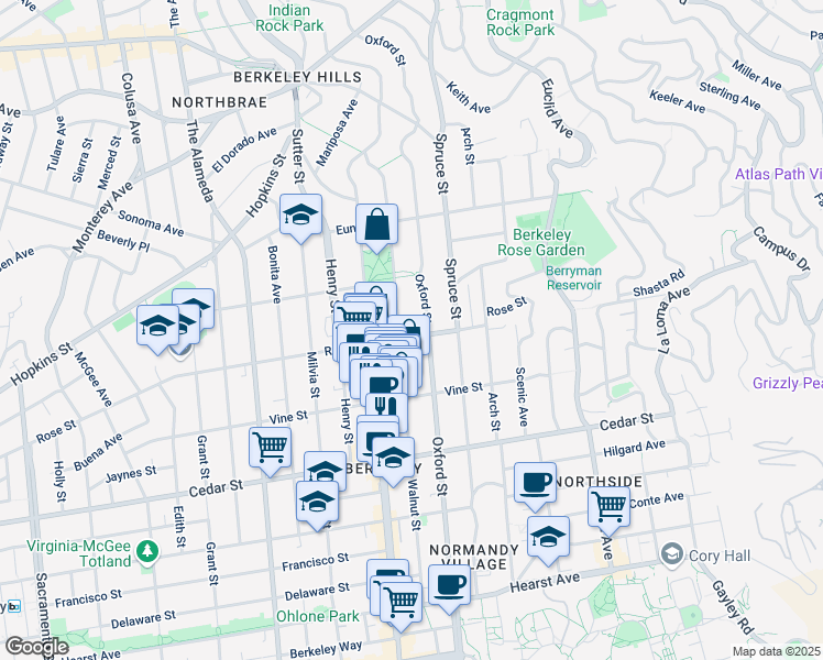 map of restaurants, bars, coffee shops, grocery stores, and more near 2137 Rose Street in Berkeley