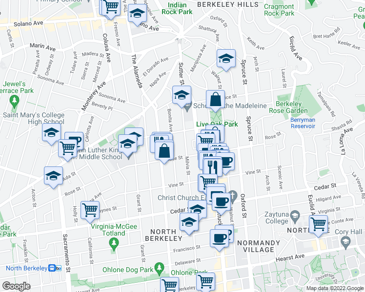 map of restaurants, bars, coffee shops, grocery stores, and more near 1326 Milvia Street in Berkeley