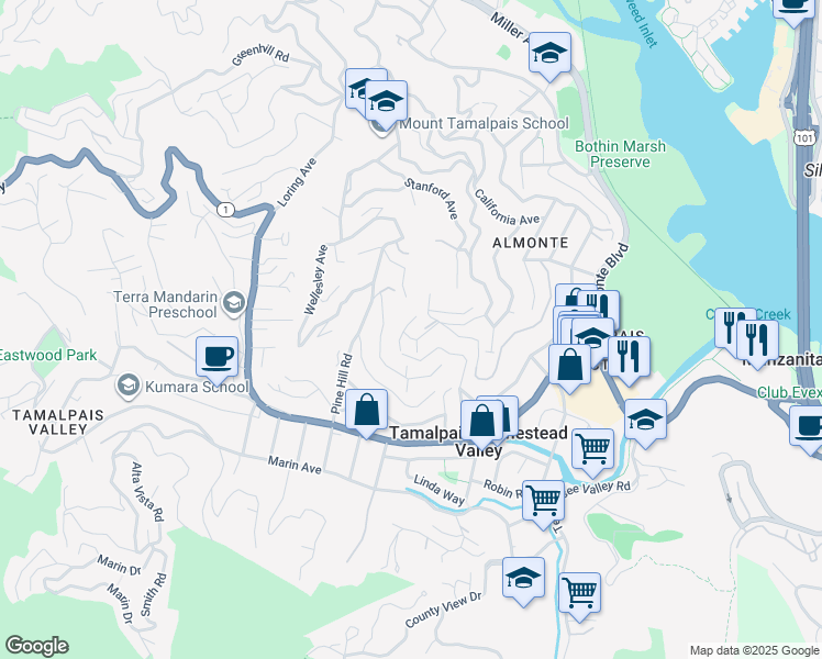 map of restaurants, bars, coffee shops, grocery stores, and more near 338 Lowell Avenue in Mill Valley