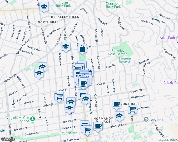 map of restaurants, bars, coffee shops, grocery stores, and more near 2137 Rose Street in Berkeley