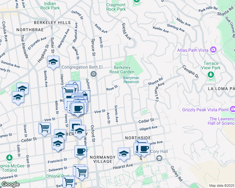map of restaurants, bars, coffee shops, grocery stores, and more near 1410 Scenic Avenue in Berkeley