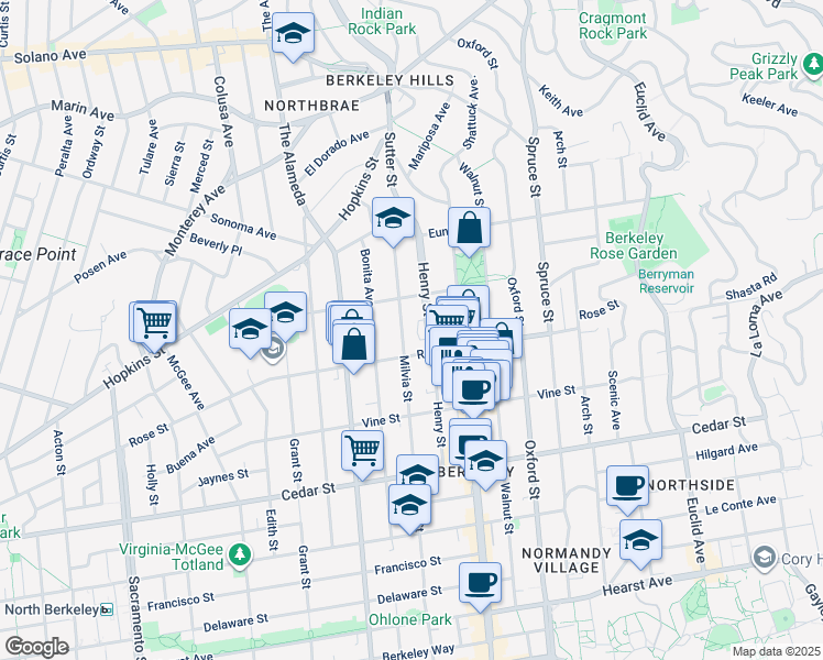 map of restaurants, bars, coffee shops, grocery stores, and more near 1327 Milvia Street in Berkeley