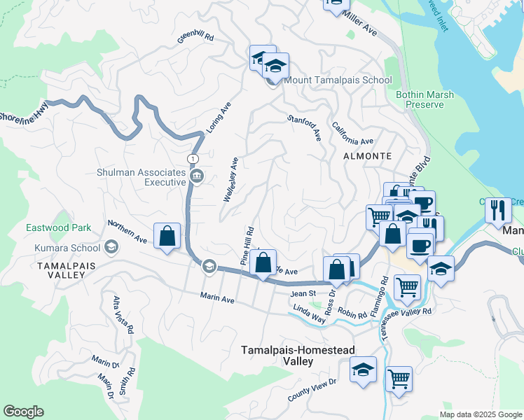 map of restaurants, bars, coffee shops, grocery stores, and more near 357 Pine Hill Road in Mill Valley