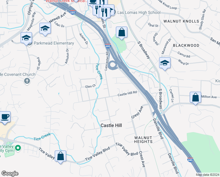 map of restaurants, bars, coffee shops, grocery stores, and more near 132 Lancaster Road in Walnut Creek